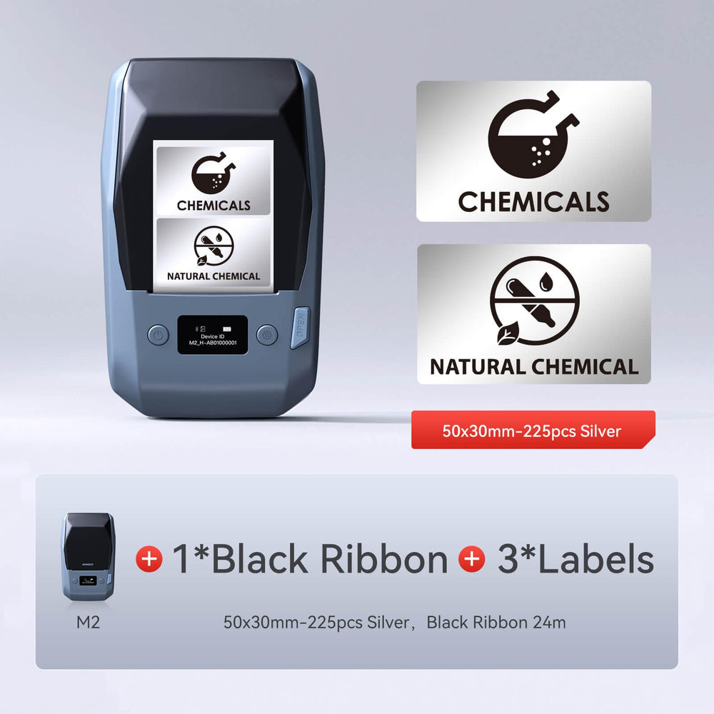NIIMBOT M2 withe 1 black ribbon 3 50x30mm silver labels