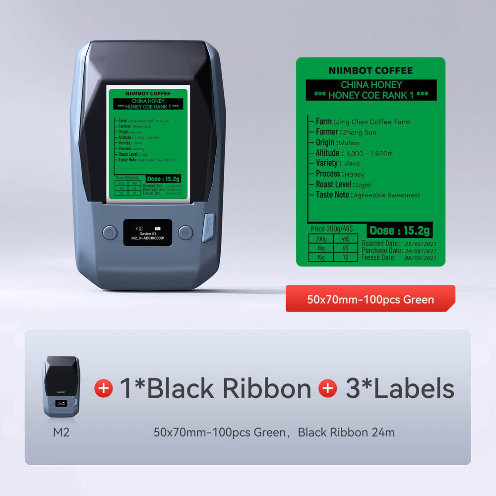 NIIMBOT M2 withe 1 black ribbon 3 50x70mm green labels