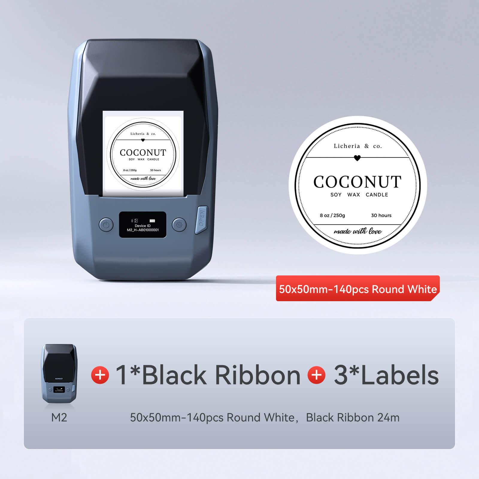 NIIMBOT M2 withe 1 black ribbon 3 50x50mm round labels