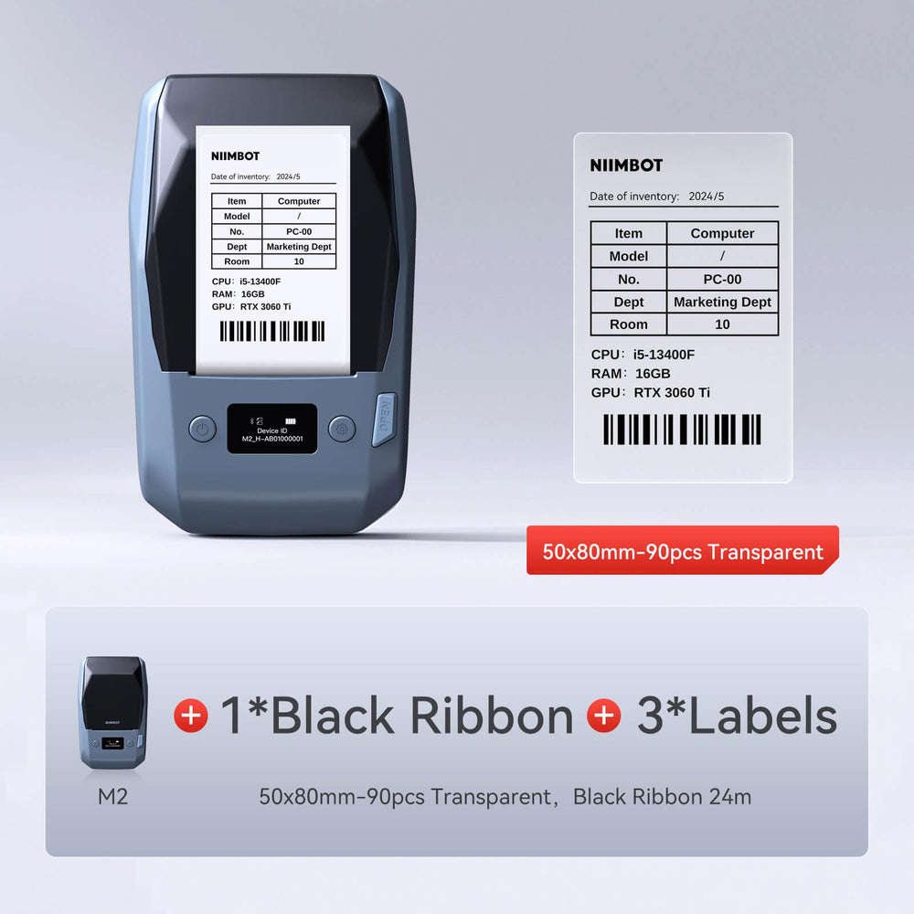NIIMBOT M2 withe 1 black ribbon 3 50x80mm clear labels