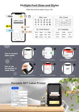 Niimbot B21 Wireless Thermal Label Printer Mini Portable Barcode Label Maker Moble Phone Price Tag Sticker Machine 20mm - 50mm
