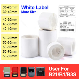 30-50mm Niimbot B21 B1 B3S Printer Label Paper Roll White Sticker Print Papers Rolls Tear-proof Water Oil-proof Adhesive