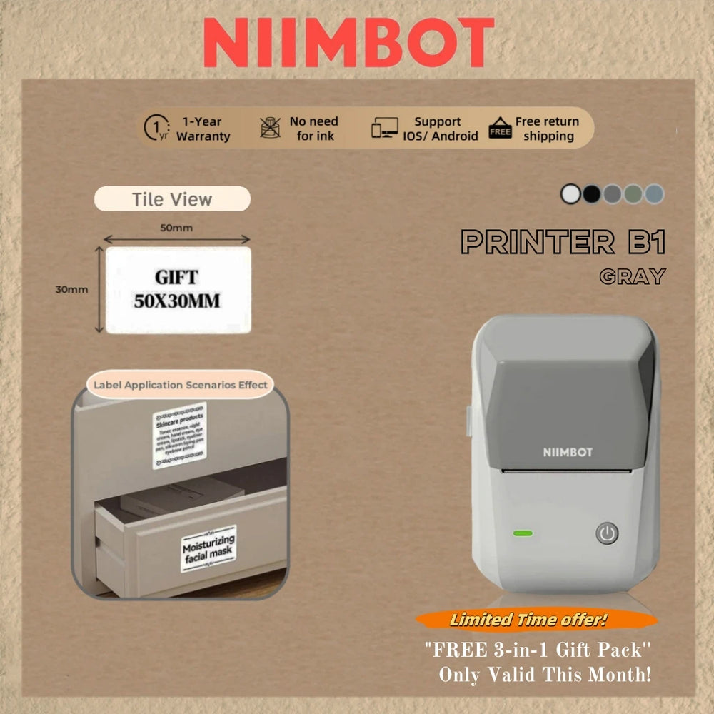 Niimbot B1 English Label Printer Portable Handheld Thermal Printer Mini Barcode QR Code Sticker Paper Color Rolls Maker Cable