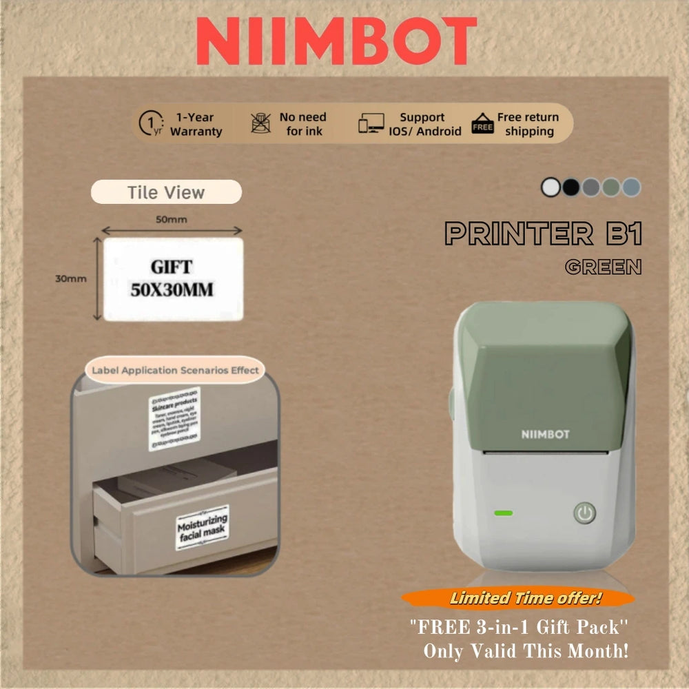 Niimbot B1 English Label Printer Portable Handheld Thermal Printer Mini Barcode QR Code Sticker Paper Color Rolls Maker Cable