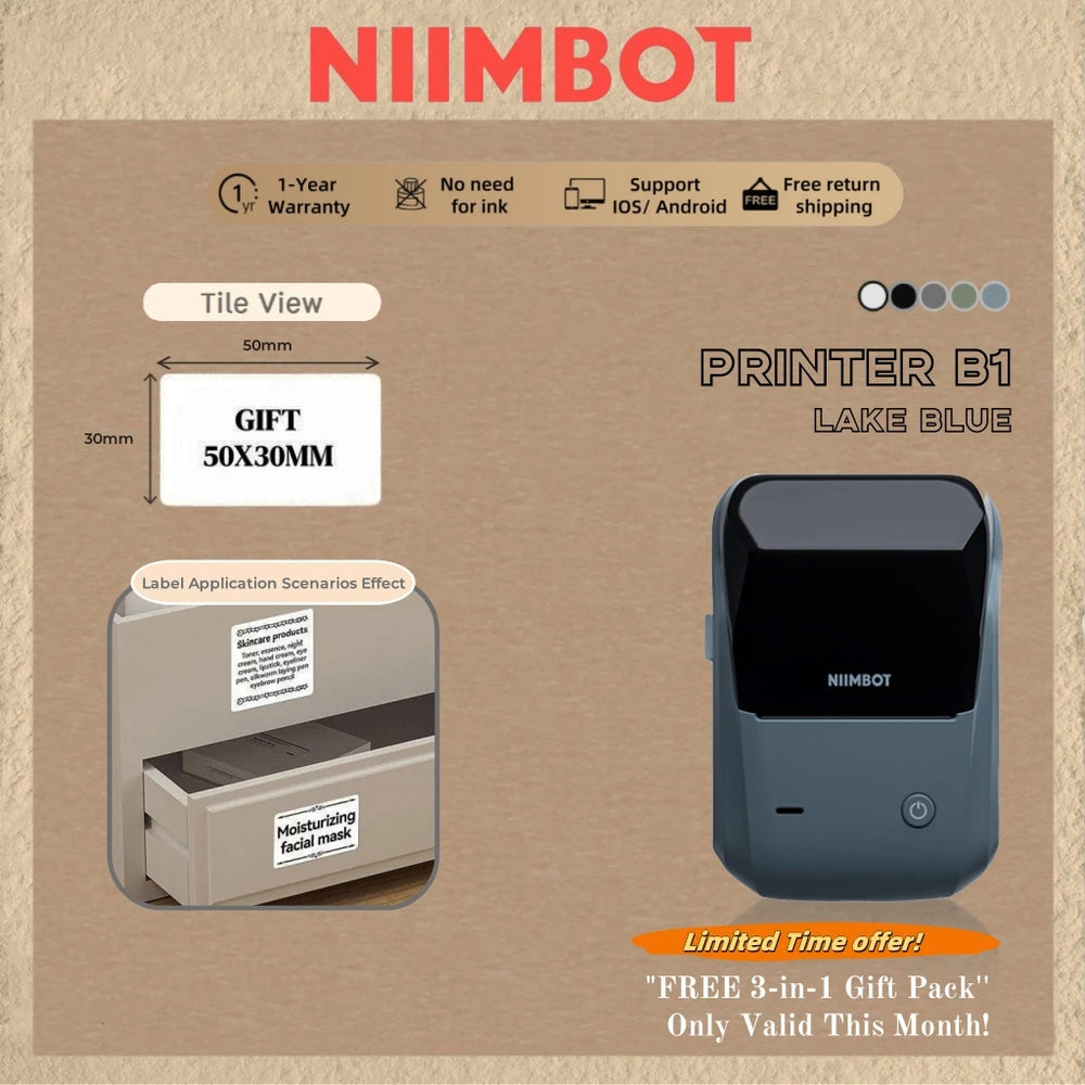 Niimbot B1 English Label Printer Portable Handheld Thermal Printer Mini Barcode QR Code Sticker Paper Color Rolls Maker Cable